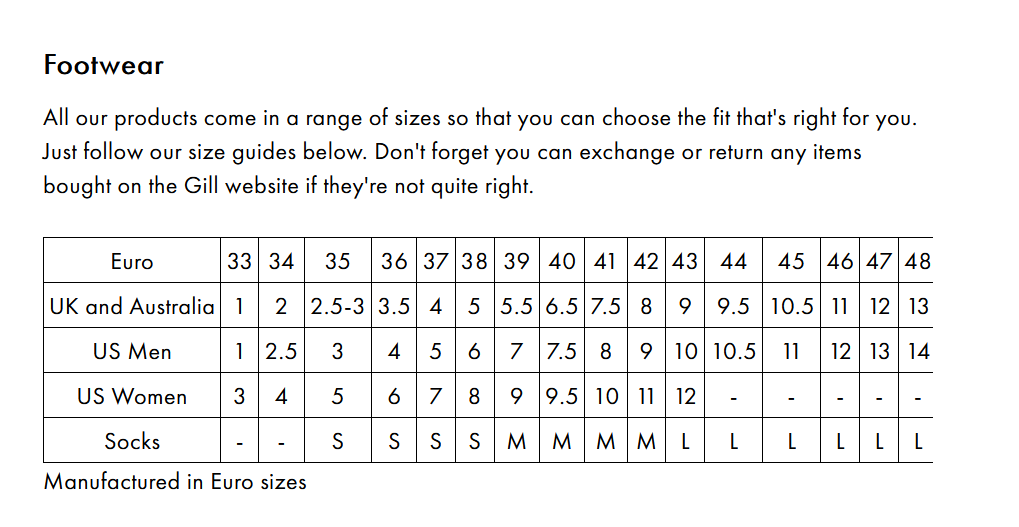 Gill Socks 2021 0 Size Chart